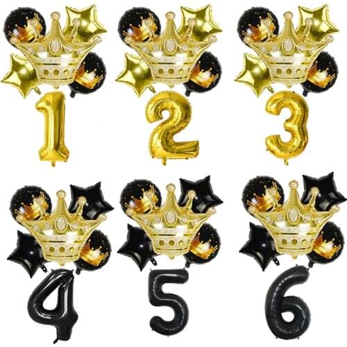 1Set Black Gold Party Balloons Crown Star Round Balloon Set Helium Air Ball Kids Birthday Wedding Festival Party Decoration