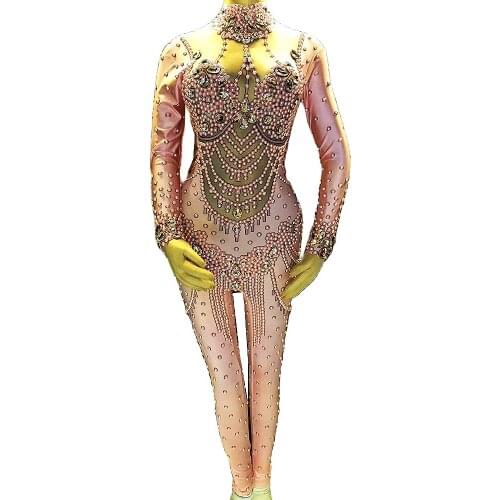 Sparkly Crystal Pink Pearls Leggings Bodysuit Nightclub Pole Dancing Costumes DJ Singer Performance Stretch Stage Wear
