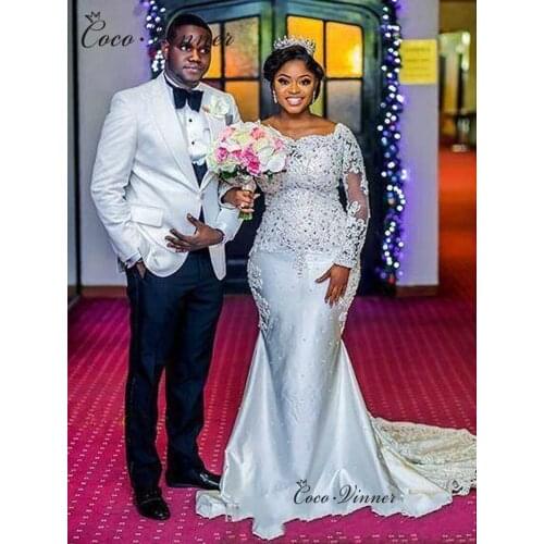 Quality Satin Mermaid Wedding Dresses America Style Lace Appliques Heavy pears And Cystal Beaded Long Sleeve Wedding Dress W0850