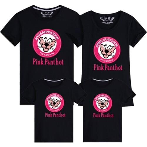 Summer Color Parent-child Tshirt Cartoon Print Streetwear Base Pink Panther Short Sleeve T-Shirt Children Tops Casual Clothes