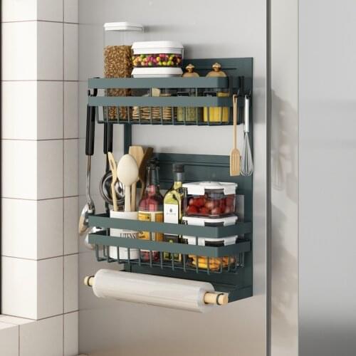 Magnetic Spice Rack for Refrigerator Kitchen Storage Rack with Hook Paper Towel Holder Refrigerator Side Hanging Organizer Shelf