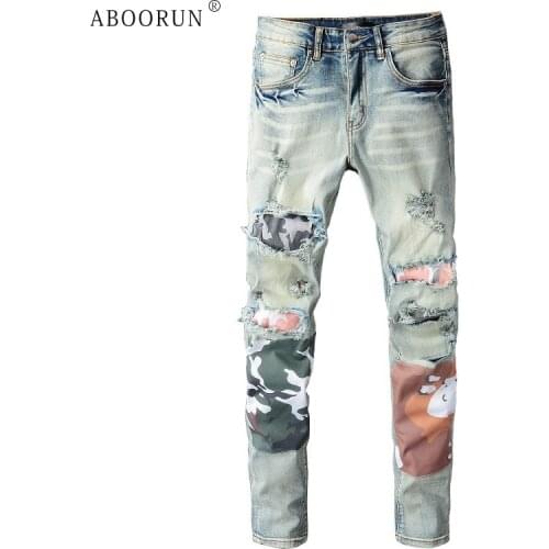 ABOORUN Hi Street Mens Ripped Hole Jeans Camouflage Patches Stretch Slim fit Denim Pants Streetwear for Male