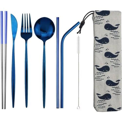 8pcs Dinneware Set Portable Travel Blue Cutlery Set 304 Stainless Steel Knife Fork Spoon Chopsticks Straw Silverware with Pouch