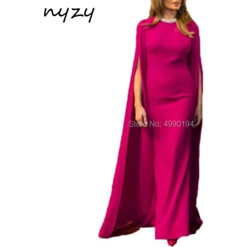 NYZY E35 Kaftan Arabic Dubai Muslim Evening Dress Long Sleeve Cape Cloak Mermaid Fuchsia Formal Dress Wedding Party Dress 2019