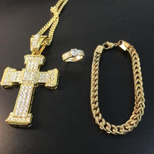 Hip Hop Men Necklace Gold Color Ice Out Cuban Crystal Miami Chain Men Gold Cross Necklace Combo Set Hip Hop Necklace For Men