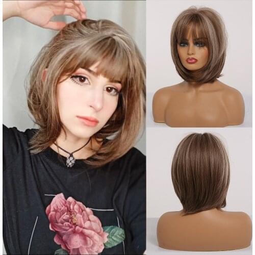 Short Straight Bob Hairstyle Ombre Brown Cosplay Wigs With Bangs for Black Women Synthetic Wigs Heat Resistant Natural Wigs