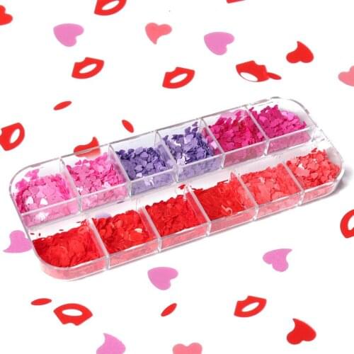12 Grid Boxed Love Red Lip Sequins Mixed Color Pearl Sequins 3MM Spring Valentines Day Crooked Love Nail Jewelry Nail Sequins