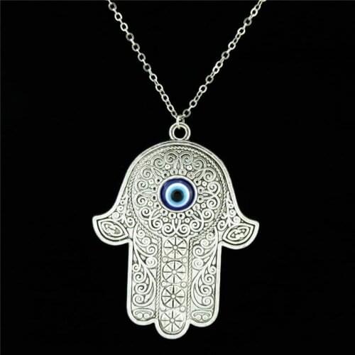 R1603 16-4 Silver 62mm Acrylic Evil Eye Hamsa Hand Pendant Collar Choker Necklace 18"