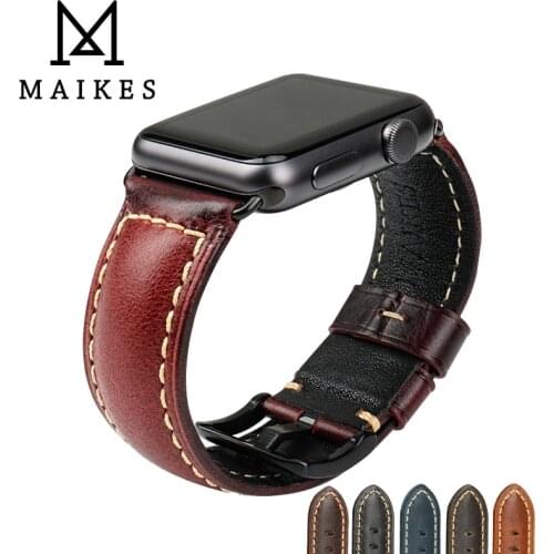 MAIKES Vintage Red Oil Wax Leathe Watch band For Apple Watch 44mm 40mm / 42mm 38mm Series 4 3 2 1 All Models iWatch Watch Strap