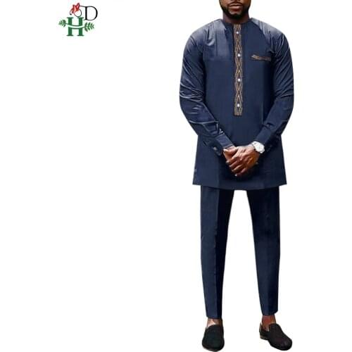 H&D Long Sleeve Shirt Pants 2 PCS Set African Men Embroidery Dashiki Ankara Outfits Traditional Clothing Tenue Africaine Hommes