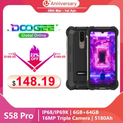 DOOGEE S58 Pro Rugged Phone IP68/IP69K/MIL-STD-810G Waterproof 5.71 inch HD+ 5180mA Large Battery MT6762V 6GB + 64GB Smartphone