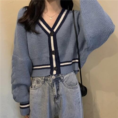 Sweater Cardigans Women V-Neck Long Sleeve Patchwork Crop Top Elegant Female Outwear Womens Korean Style Autumn Loose Knitted