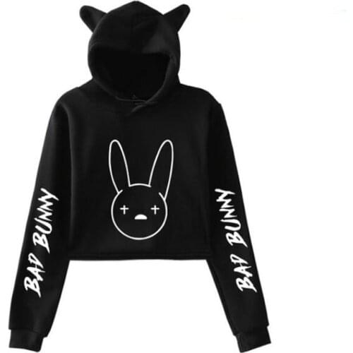 Rapper Hip Hop Bad Bunny Crop Top Hoodie Long Sleeve Harajuku Cropped Sweatshirt Kawaii Cat Ear Pullover Women Tops Streetwear