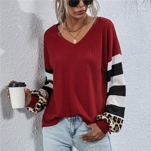 Autumn Top Women Long Lantern Sleeve T Shirt 2020 Striped Tops Tee Female Leopard Stitching Tees Fashion Loose Top Lady T-shirt