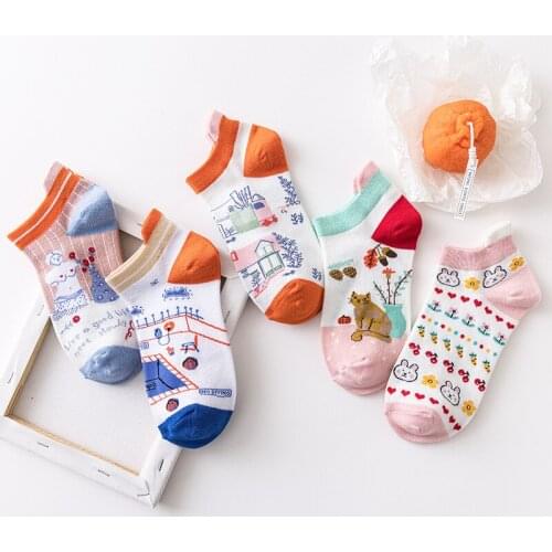 Harajuku Women Socks Pack 5 Pairs Cotton Casual Ankle Socks Combo Brearthable Cute Cartoon Girls Invisible Sock For Summer