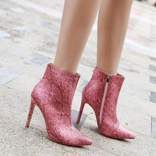 Vogue Nice Pink Women Ankle Boots Sexy Snake Grain Booties Winter Female Pointed Toe High Heels Ladies Zip Boots Shoes