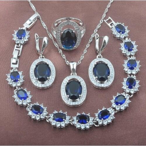2020 New Womens Silver Color Wedding Jewelry Sets Blue Zirconia Bracelet Necklace Pendant Earrings Ring YYZ096