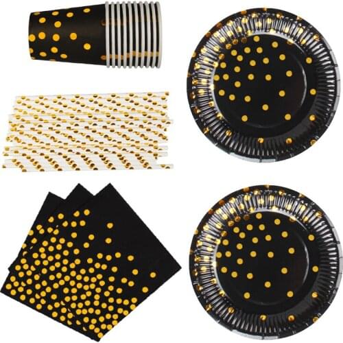 85pcs Gold Black Paper plates cups straws napkin for wedding happy birthday party decoration Disposable Tableware supplies