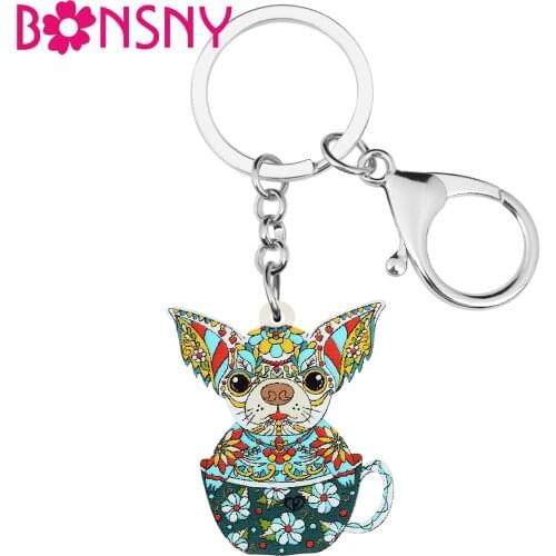 Bonsny Acrylic Floral Sweet Blue Flowers Cup Chihuahua Dogs Keychains Ring Trendy Purse Key Chain Jewelry For Women Girls Gifts