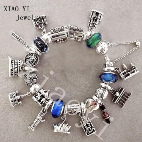 XIAOYI 2020 New 100% S925 Sailboat castle carousel features buildings train blue glass wings love personality bracelet female