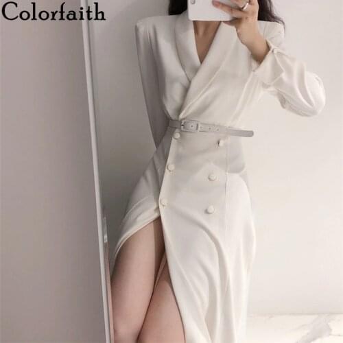 Colorfaith New 2020 Autumn Winter Womens Windbreaker Elegant Buttons Vintage Oversize With Belt Office Long Trench Tops JK1328
