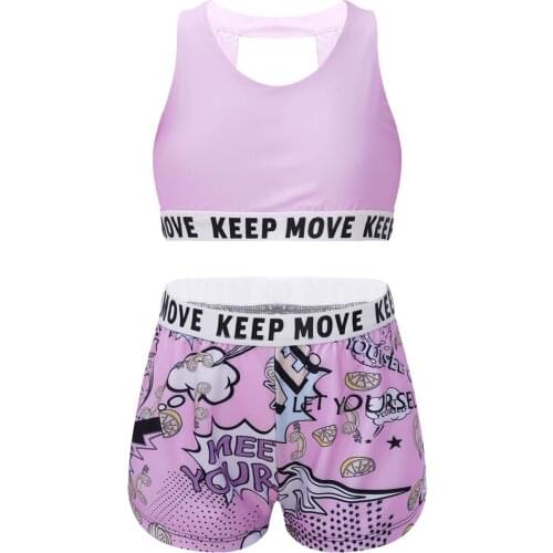 Kid Girls Sports Tracksuits Ballet Dance Sets Crop Top with Shorts Activewear Outfits for Workout Gymnastics Dancewear Running