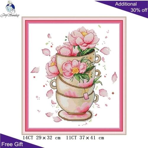 Joy Sunday Flower On Coffee Cup Cross Stitch H806 14CT 11CT Stamped and Counted Home Decor Flowers Coffee Cups Cross Stitch Kits