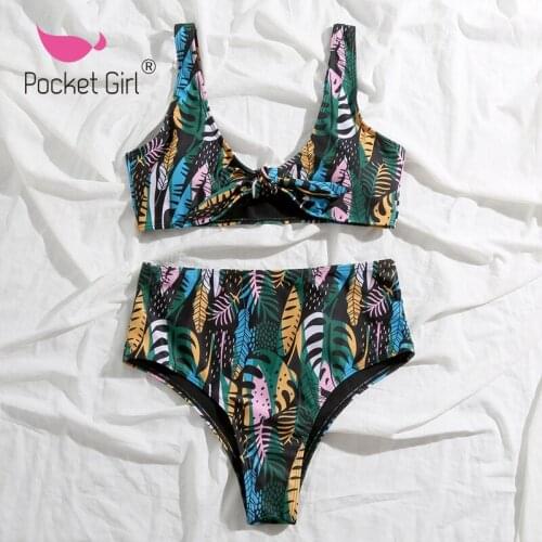 Pocket Girl 2021 Bikini High Waist Swimwear Women Swimsuit Push Up Micro Bikini Womens Bathing Suits Print Biquini Bow Bikini