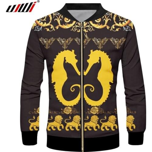 UJWI Men/Women Fashion Trend Zip Jacket Mens 3D Oversized Casual Zipper Tops Full Printed Golden Pattern Seahorse Dropshipping