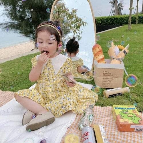 2021 New Girls' Summer Dress Baby Girls' Thin Retro Breathable Sweet Floral Dress Princess Dress