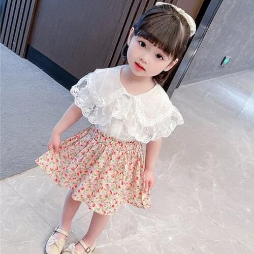 2021 New Arrival Summer Toddler Girls Clothing Sets Lovely Girls White Short Sleeve Lace Shirt+Floral Skirt Two Piece Kids Sets