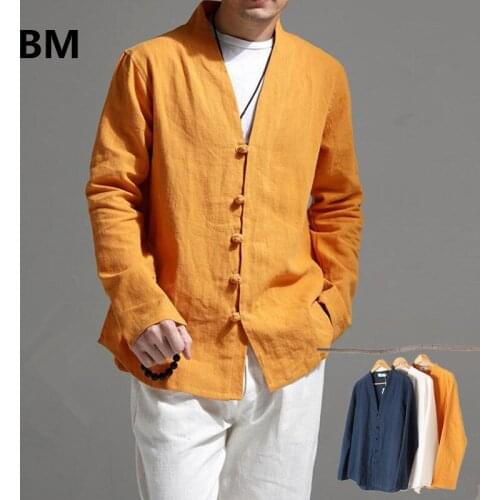 2020 Autumn Men Shirt Long Sleeve Solid Flax Blouse Traditional Chinese Tops Ethnic Vintage Coats V-Neck Linen Jackets