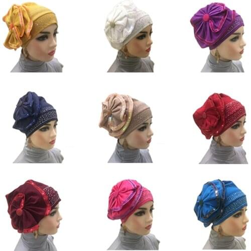 Autumn Winter Women Folded Turban Sequins Rhinestone Chemo Cap Hair for Women Muslim Flower Headwrap Headbands Hair Accessories