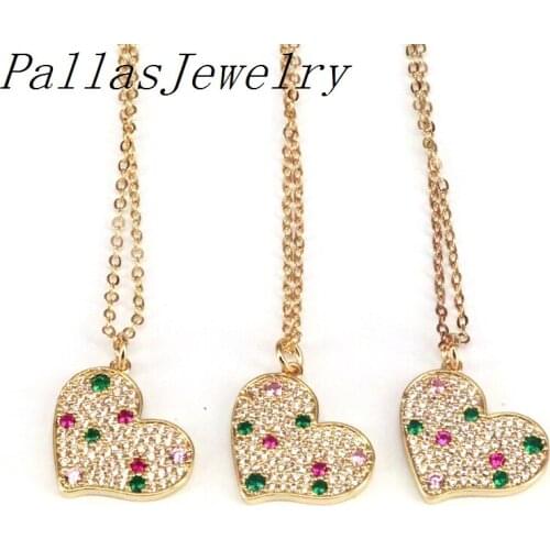 10Pcs CZ Micro Pave Rainbow Color Heart Shape Pendant Necklace, Cubic Zirconia Gold Filled Necklaces For Women Jewelry