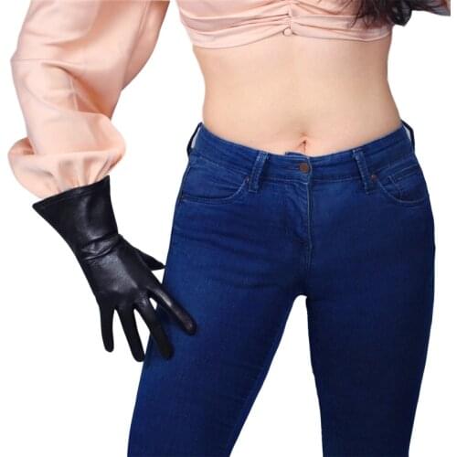 Real Leather 28cm Long Gloves Female Imported Lambskin Thermal Black Super Handsome Lantern Sleeves Big Sleeve WZP08