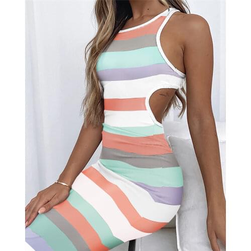 2021 Stripe Print Hollow-out Backless Buttock Wrapped Sleeveless Midi Dress Contrast Binding Cutout Sleeveless Midi Dress
