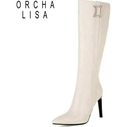 ORCHALISA Sexy Women Luxury Modern Knee High Boots PU Leather Zipper Pointed Toe Stileeto Heel Ladies Party Size 33-45 S2483