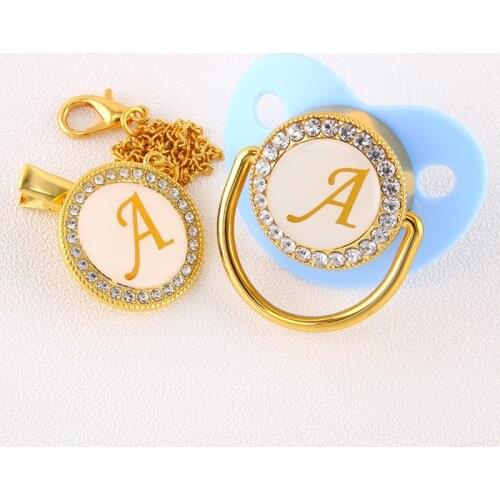 0-12 Month Luxury Blue Initial Letter A Bling Bling Baby Pacifier with Clip Baby Schnuller BPA Free Infant Newborn Dummy Nipple