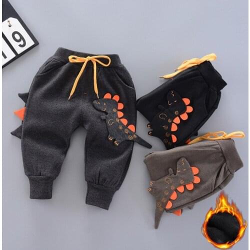 Baby boy clothes new cute dinosaur plus velvet cotton trousers for boys in autumn and winter casual thick and warm elastic pants