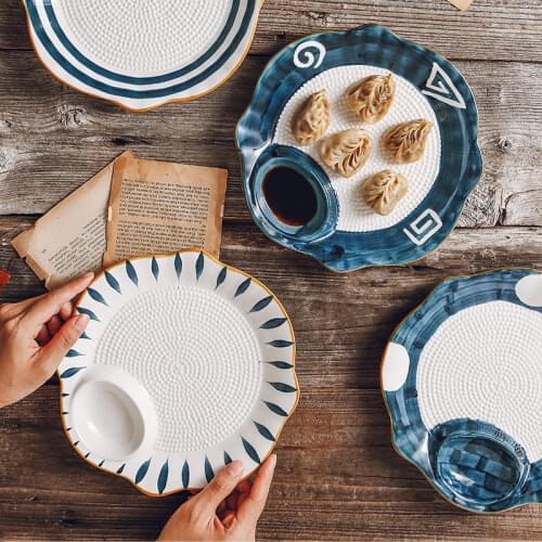 Dumpling plate with vinegar plate, ceramic Japanese sushi plate, cold dish, snack plate, creative partition plate, household