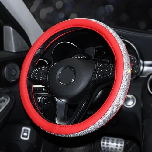 15'' PU Leather Car Steering Wheel Covers with Crystal Rhinestone Universal Steering Wheel Cover Set Wheel Cover