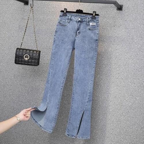 Women 2021 Spring Summer New Fashion Thin Stretch Jeans Female High Waist Flare Pants Ladies Loose Split Denim Trousers P70
