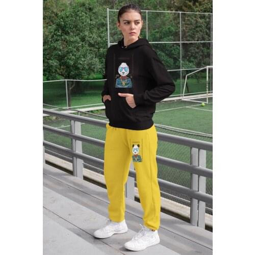 Angemiel Wear Glasses Photo Machine Holidaymaker Panda Women 'S Tracksuit Set Black Hooded Sweatshirt Yellow Sweatpants