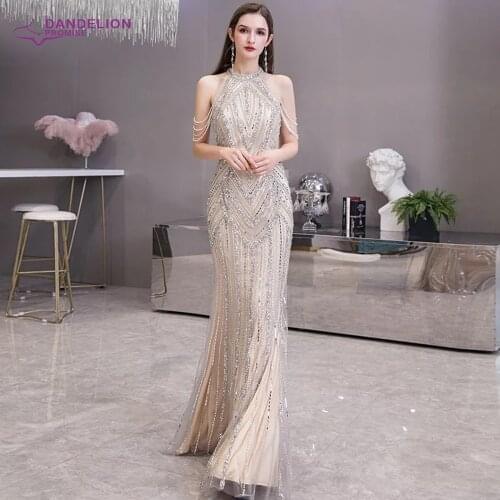 Luxury Crystal Beaded Evening Dress For Women 2021 Halter Sleeveless Mermaid Formal Party Gown