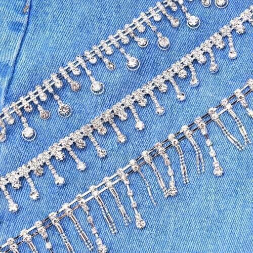 1 Yard High Quality Rhinestone Fringe Trim Sew on Strass Clear Crystal Wedding Dress Belt Tassel Cup Chain