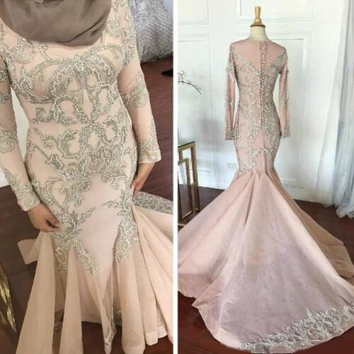 2020 Arabic Aso Ebi Muslim Mermaid Sexy Evening Dresses Beaded Crystals Pearls Prom Dresses Tulle Formal