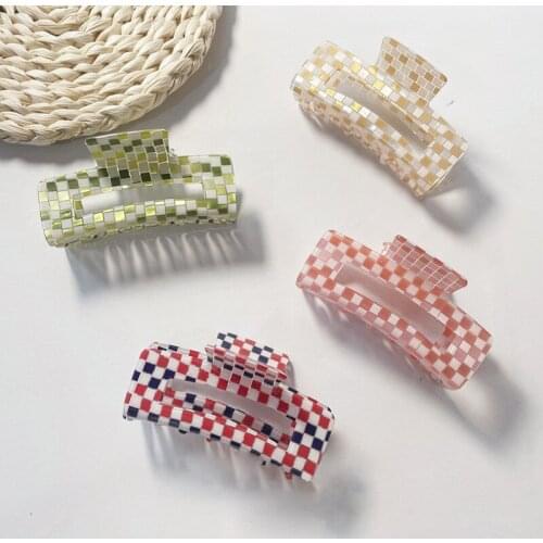 2021 Large Acetate Hair Claw Clips Checkered Grid Plaid Mosaic Clamps Geometric Shark Clip Big Grab Ins Women Accessories