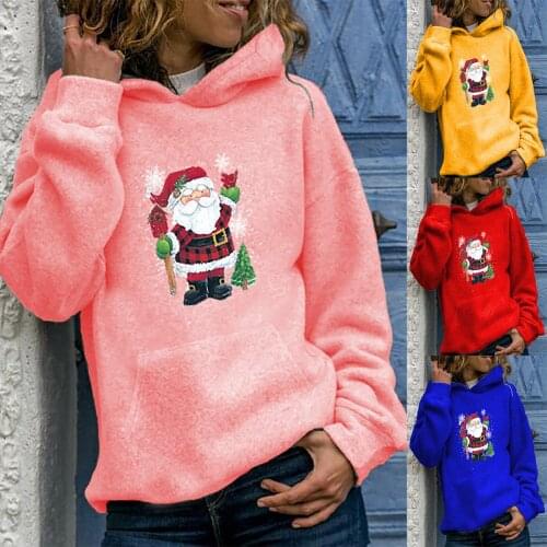 2021 Women Hoodie Christmas Big Pocket Cartoon Santa Claus Print Long Sleeve Hoodies Sweatshirt Pullover Top Sudadera Mujer