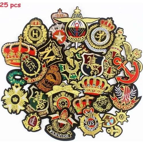 25pcs Golden Thread Crown Cloth Patches Army Badges Iron on Appliques for Jackets Bags Sewing Stickers DIY Patchwork