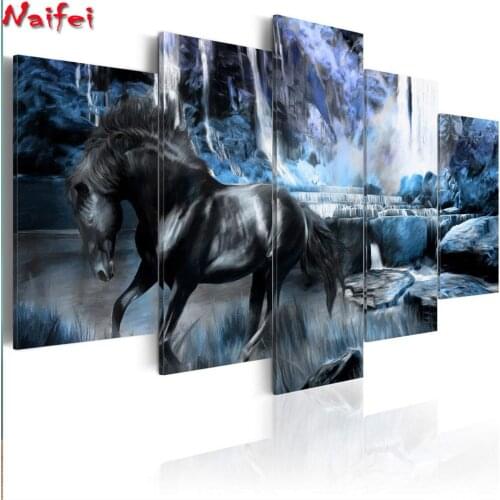 5 Piece blue waterfall 5d diy diamond Painting black horse picture scenery full square/round drill diamond embroidery home decor